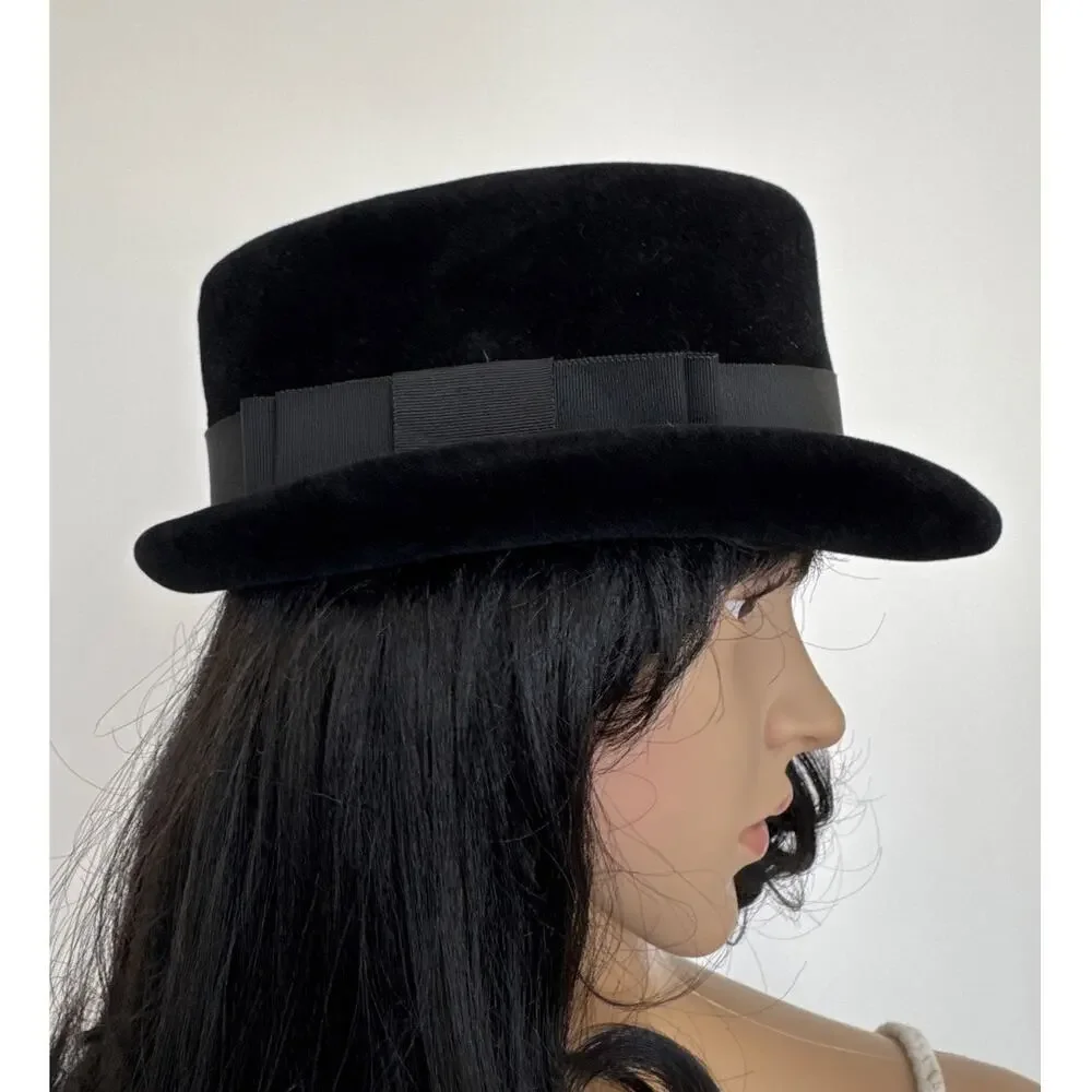 Vintage 50's French Black Velvet Cocktail Hat with Ribbon band retro veil style